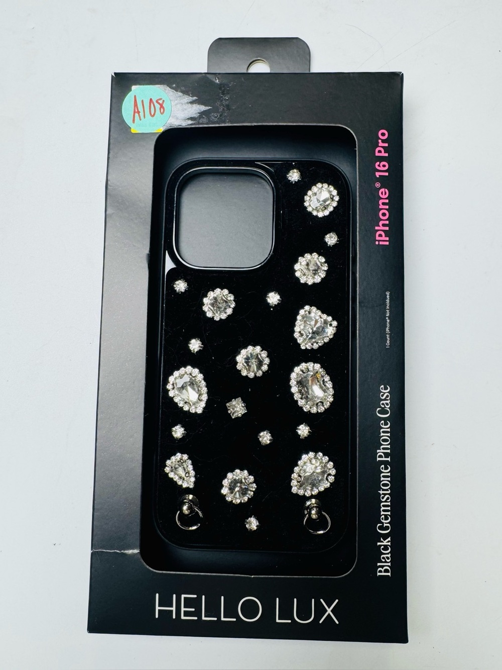 Hello Lux Black Gemstone Phone Case iPhone 16 Pro Rhinestone Bling